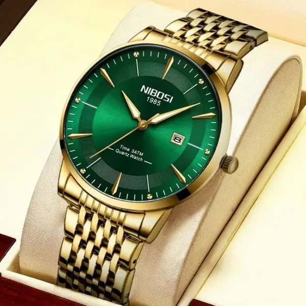 Nibosi 2525 Classic Stainless Steel Analog Fashion Men's Watch – Dial Color: Green, Strap Color: Gold – View 3